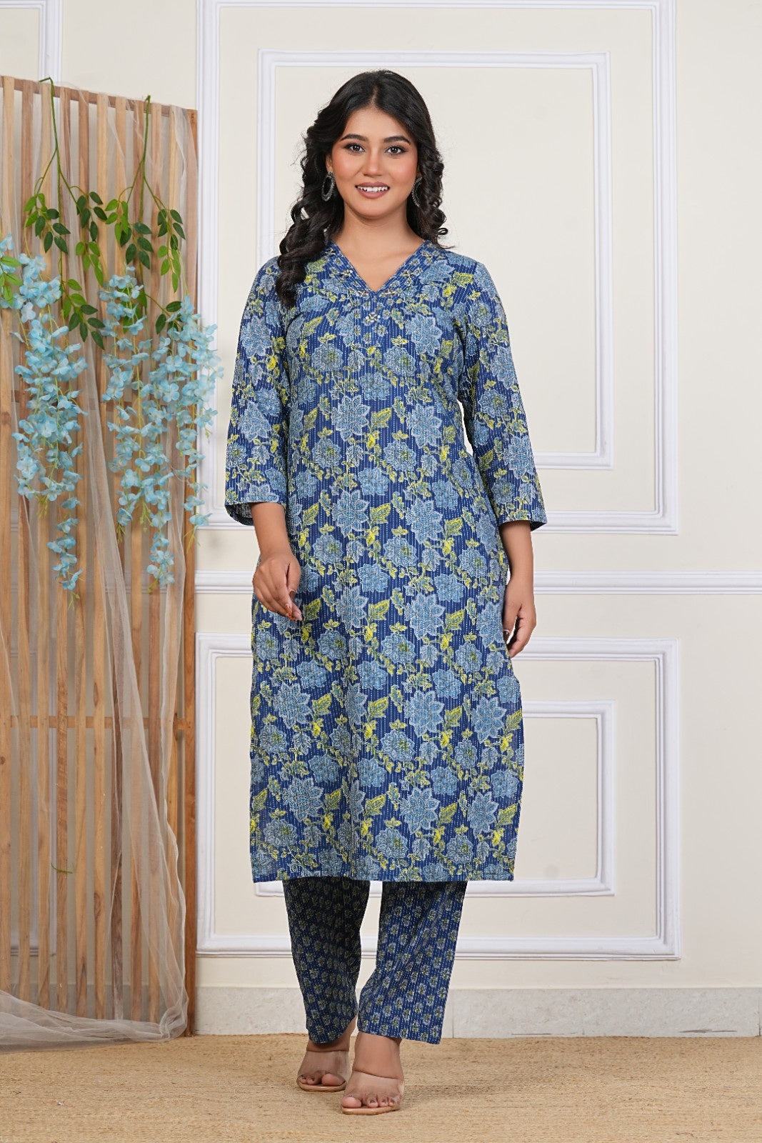 Indigo Bloom Blue Cotton Katha Kurta Set with All-Over Floral Print