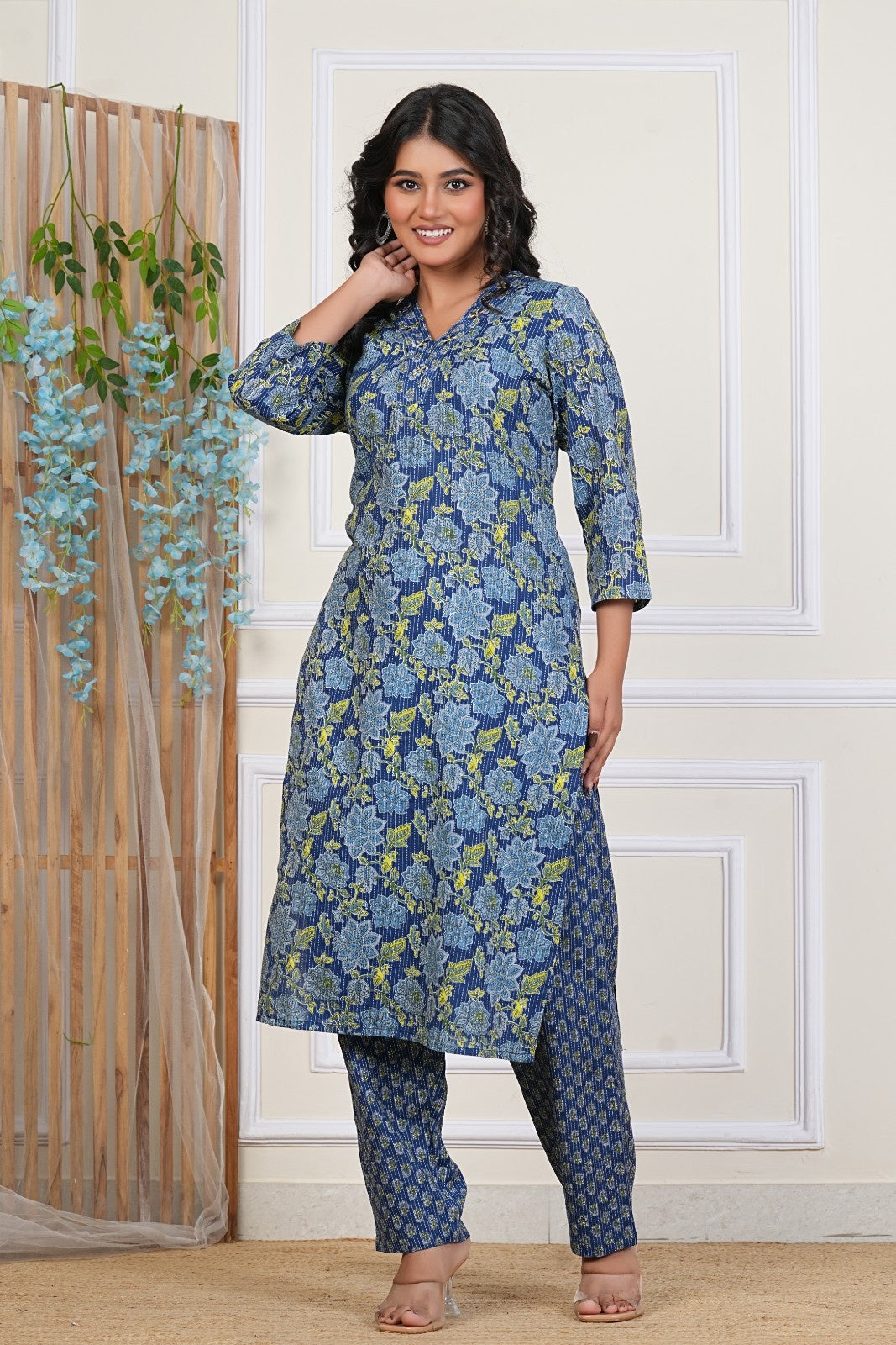 Indigo Bloom Blue Cotton Katha Kurta Set with All-Over Floral Print