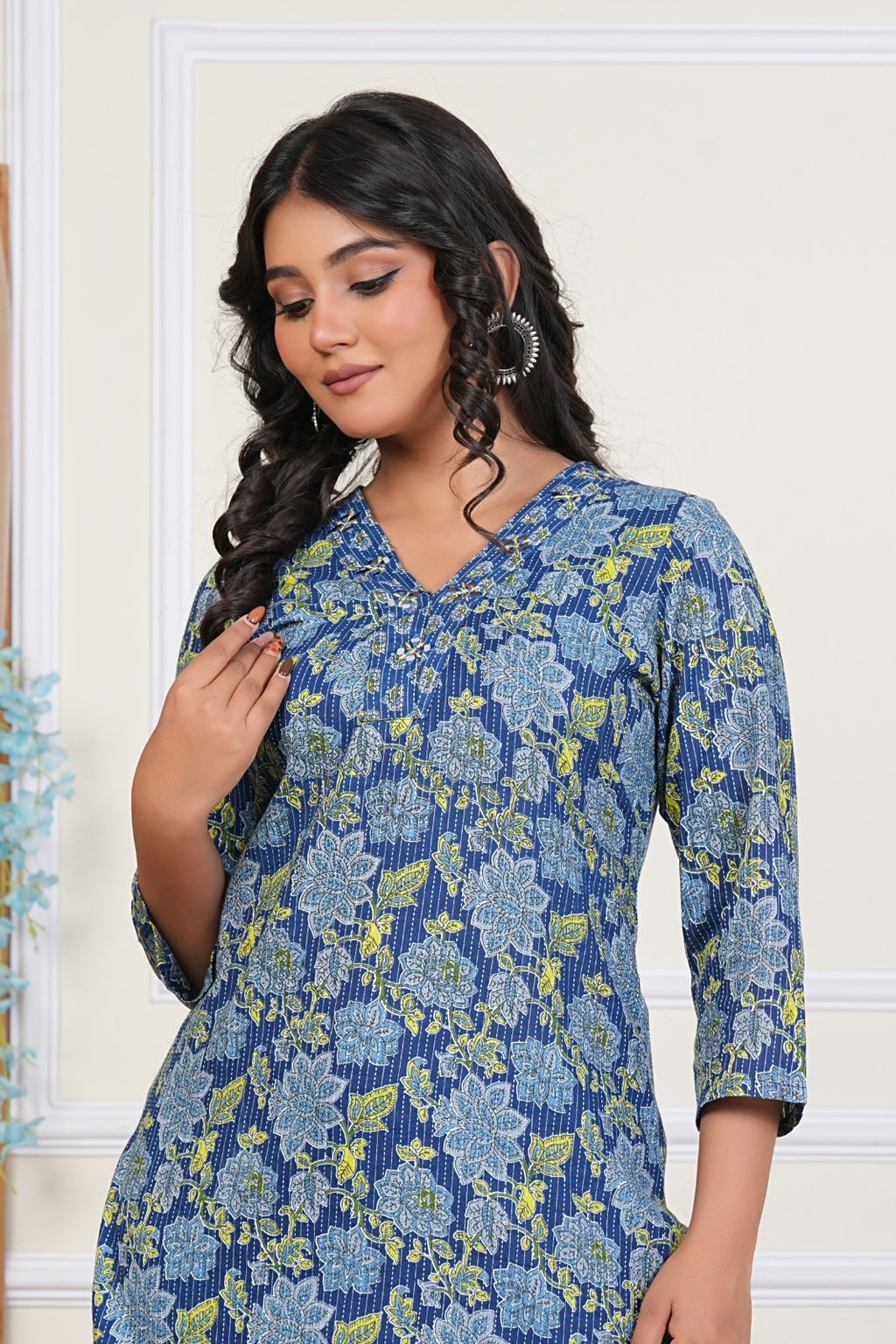 Indigo Bloom Blue Cotton Katha Kurta Set with All-Over Floral Print