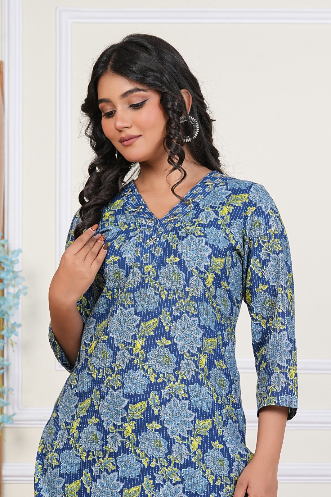 Indigo Bloom Blue Cotton Katha Kurta Set with All-Over Floral Print