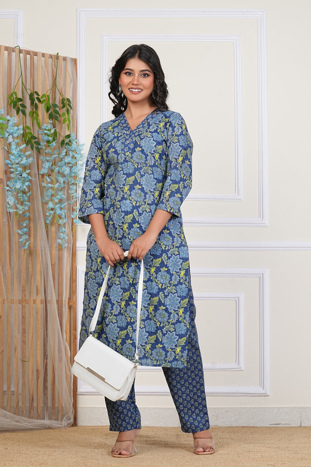 Indigo Bloom Blue Cotton Katha Kurta Set with All-Over Floral Print
