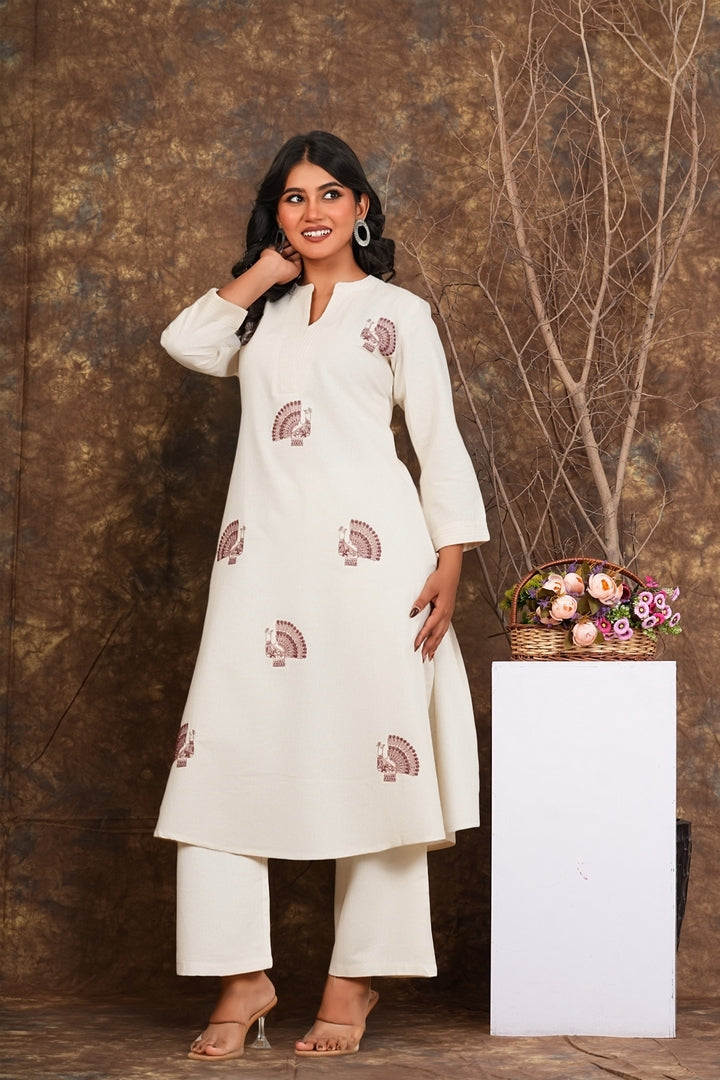Women Cream Cotton Kurta Set with Block Print & Pants