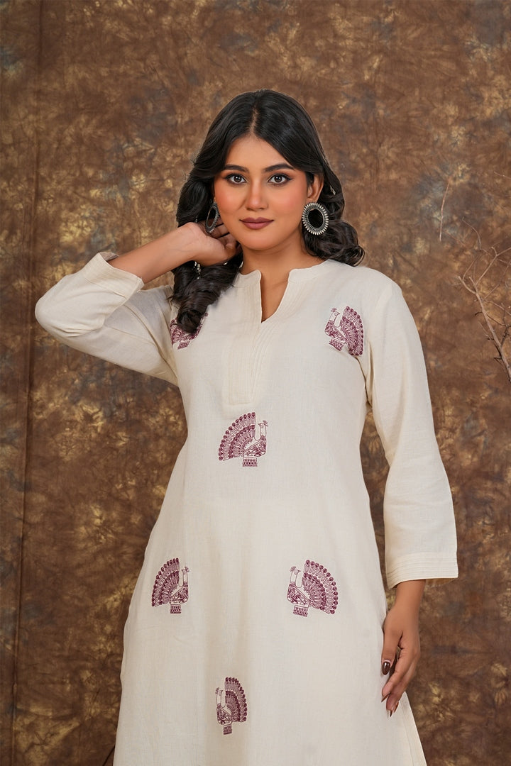 Women Cream Cotton Kurta Set with Block Print & Pants
