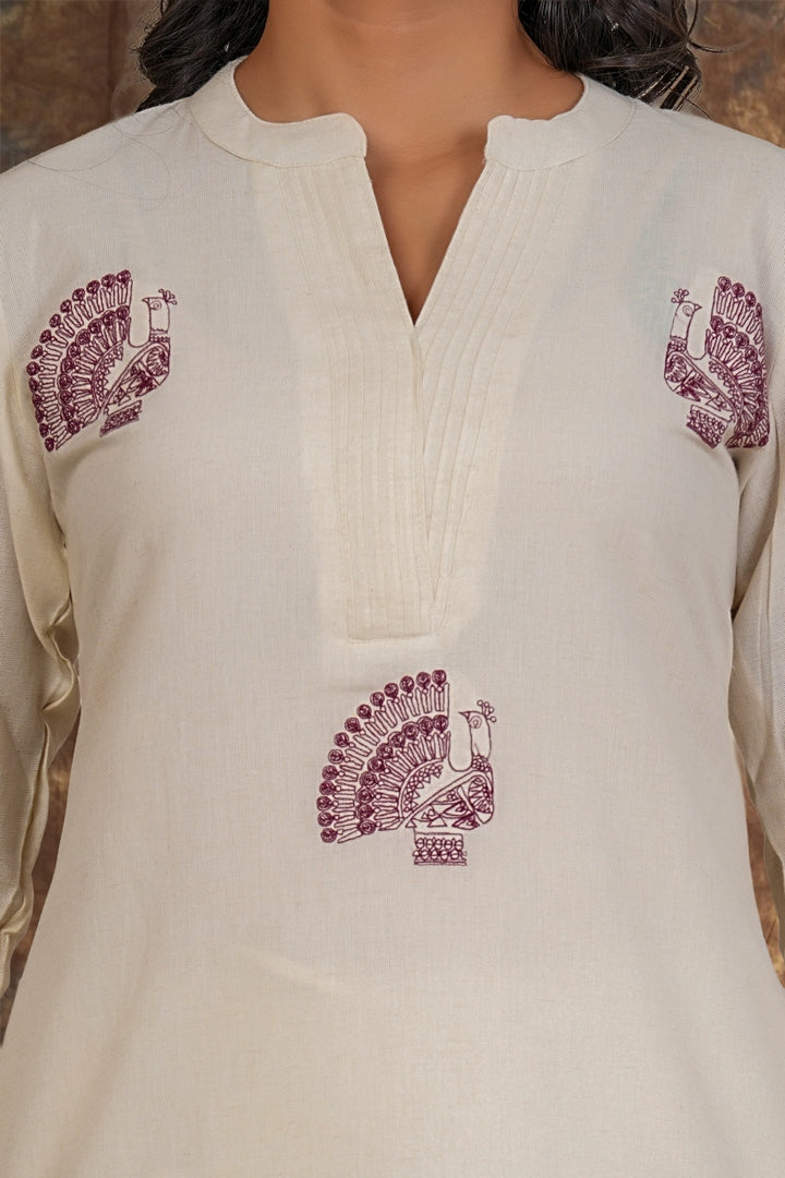 Women Cream Cotton Kurta Set with Block Print & Pants