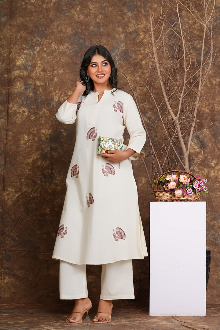 Women Cream Cotton Kurta Set with Block Print & Pants