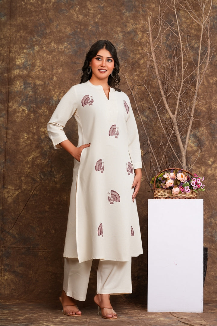Women Cream Cotton Kurta Set with Block Print & Pants