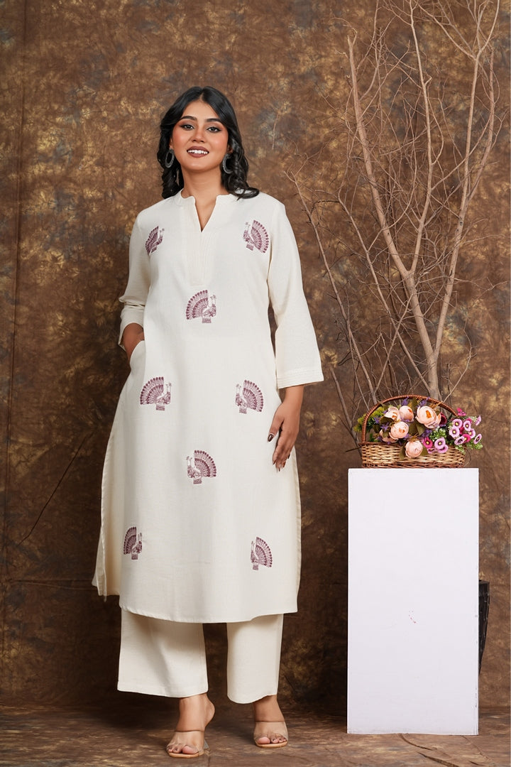 Women Cream Cotton Kurta Set with Block Print & Pants