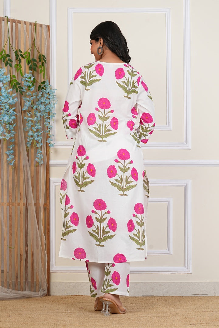 White Floral Cotton Kurta Set with Pink Blooms