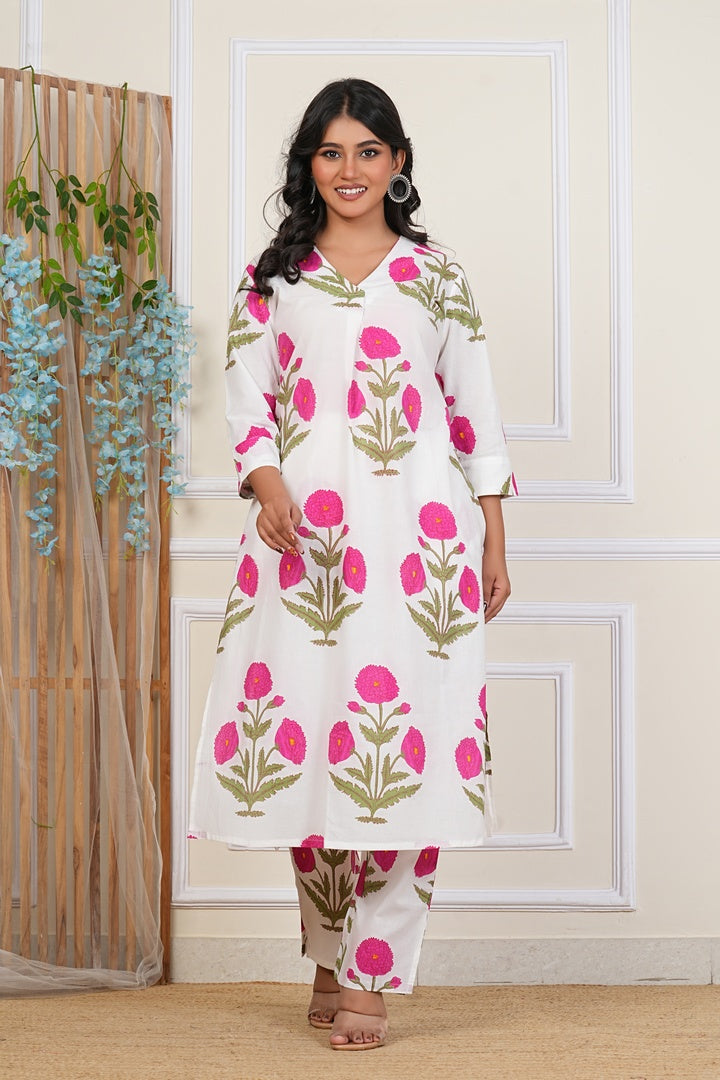 White Floral Cotton Kurta Set with Pink Blooms