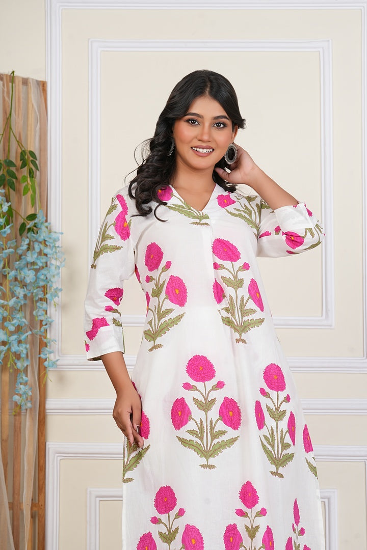 White Floral Cotton Kurta Set with Pink Blooms