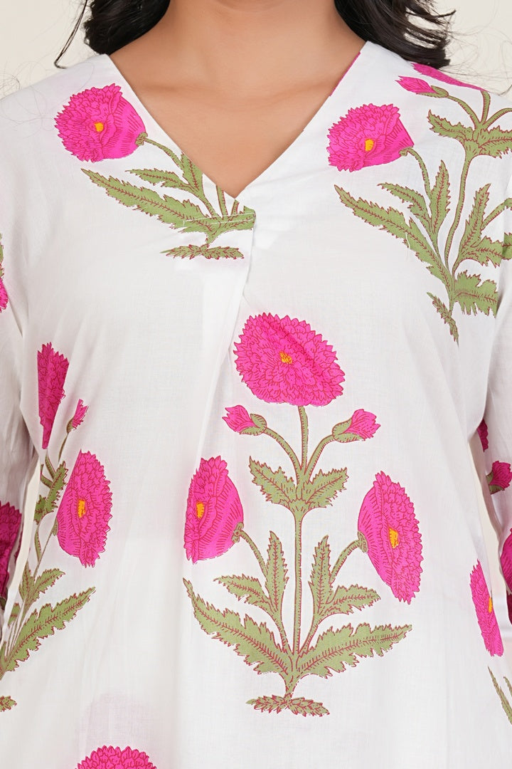 White Floral Cotton Kurta Set with Pink Blooms