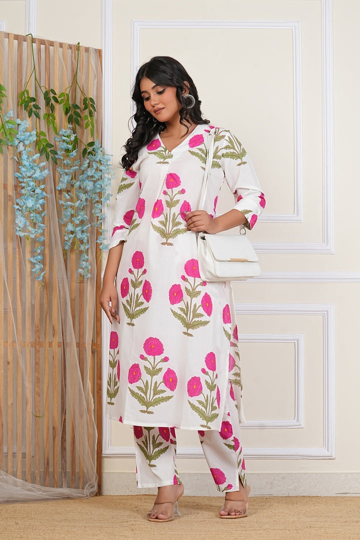White Floral Cotton Kurta Set with Pink Blooms