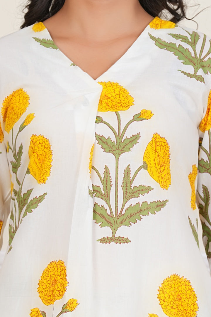Women Cotton Floral Printed Kurta Set with Pants – White & Yellow