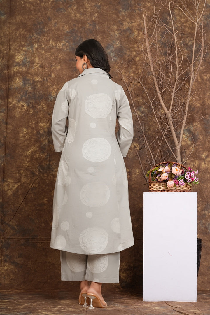 Women Cotton Printed Button-Down Kurta Set with Pants – Grey