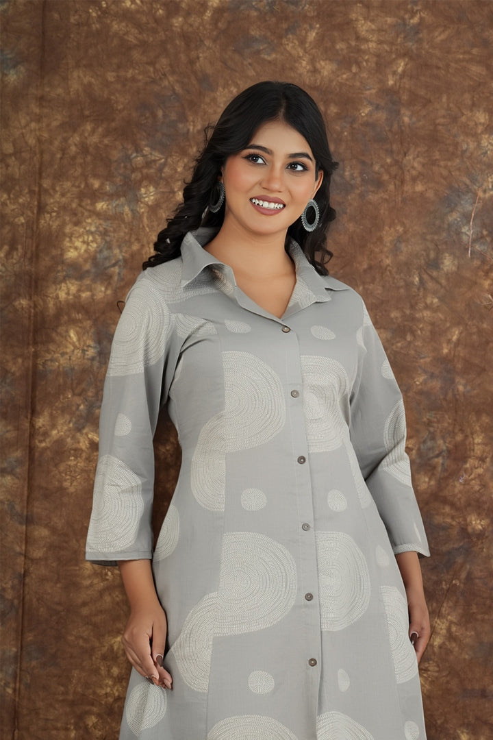 Women Cotton Printed Button-Down Kurta Set with Pants – Grey