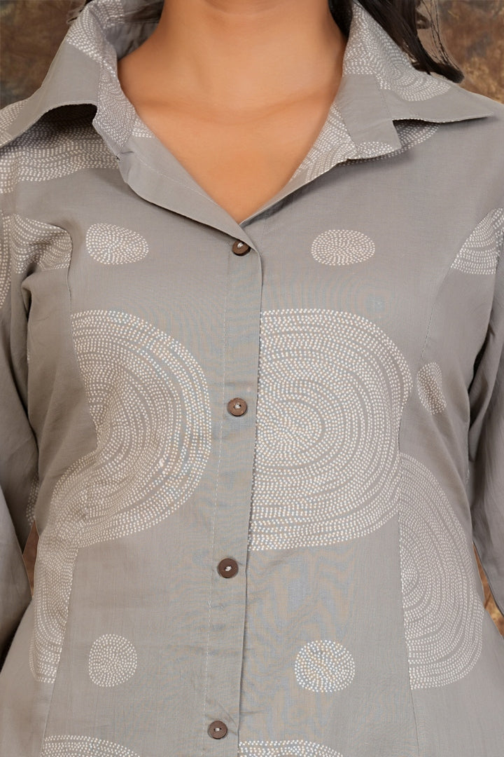 Women Cotton Printed Button-Down Kurta Set with Pants – Grey