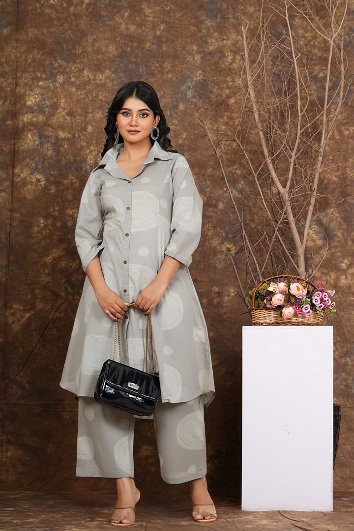 Women Cotton Printed Button-Down Kurta Set with Pants – Grey