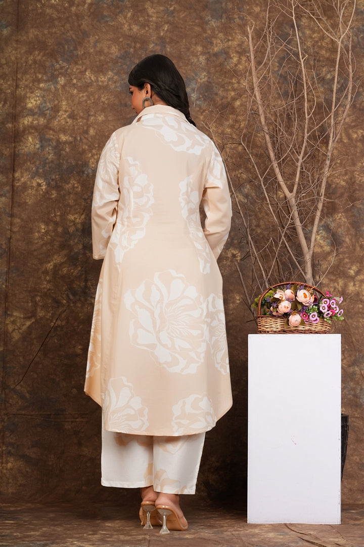 Women’s Beige Floral Printed Cotton Kurta with Pants | Elegant Button-Down Kurti Set
