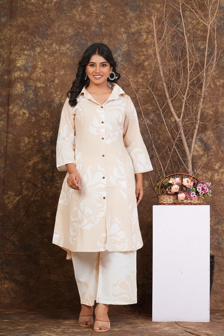 Women’s Beige Floral Printed Cotton Kurta with Pants | Elegant Button-Down Kurti Set