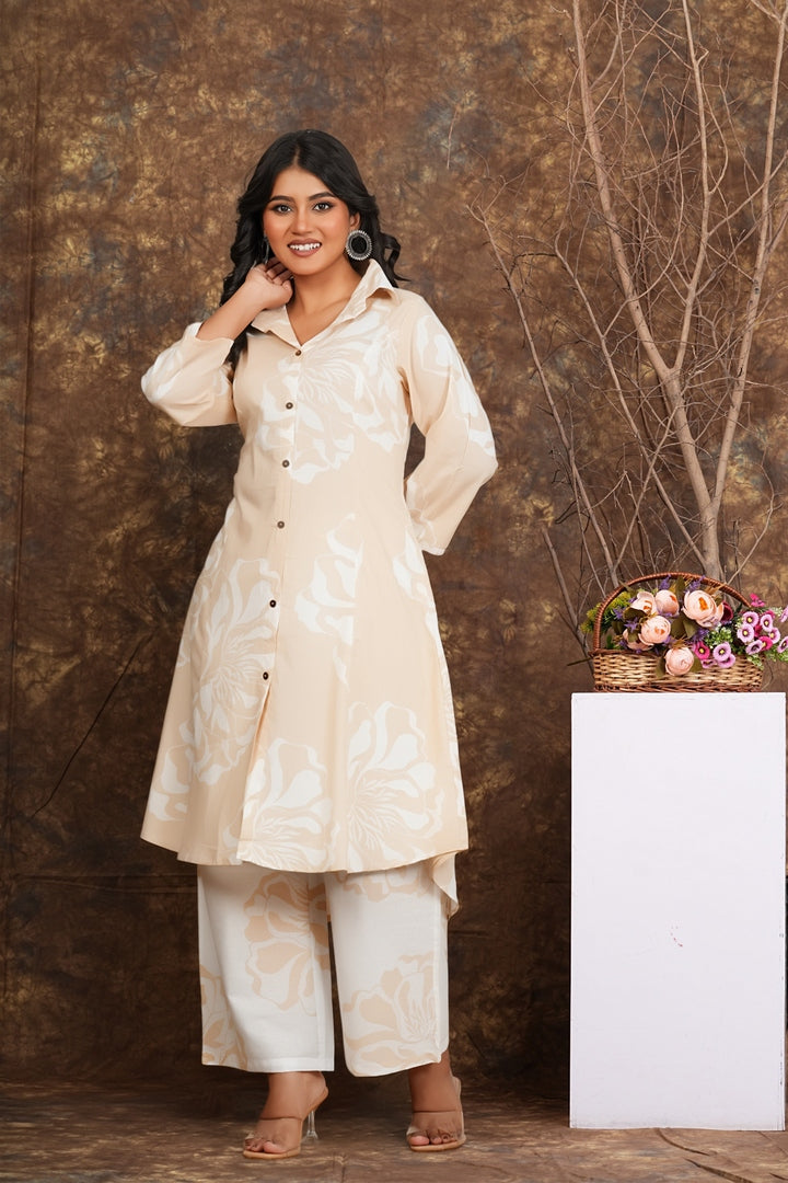Women’s Beige Floral Printed Cotton Kurta with Pants | Elegant Button-Down Kurti Set