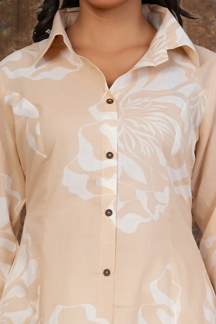 Women’s Beige Floral Printed Cotton Kurta with Pants | Elegant Button-Down Kurti Set