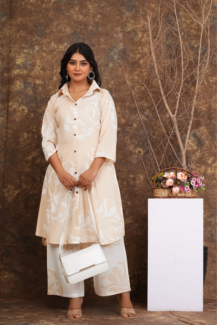 Women’s Beige Floral Printed Cotton Kurta with Pants | Elegant Button-Down Kurti Set