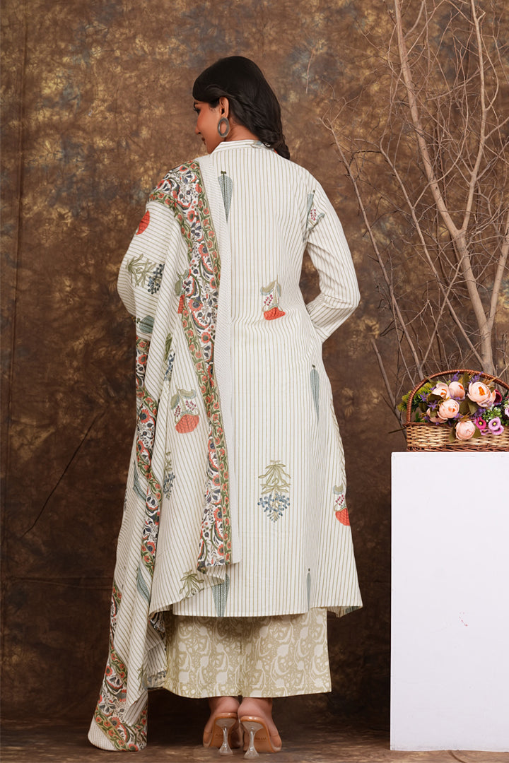 Striped Floral Printed Cotton Kurta Set with Dupatta