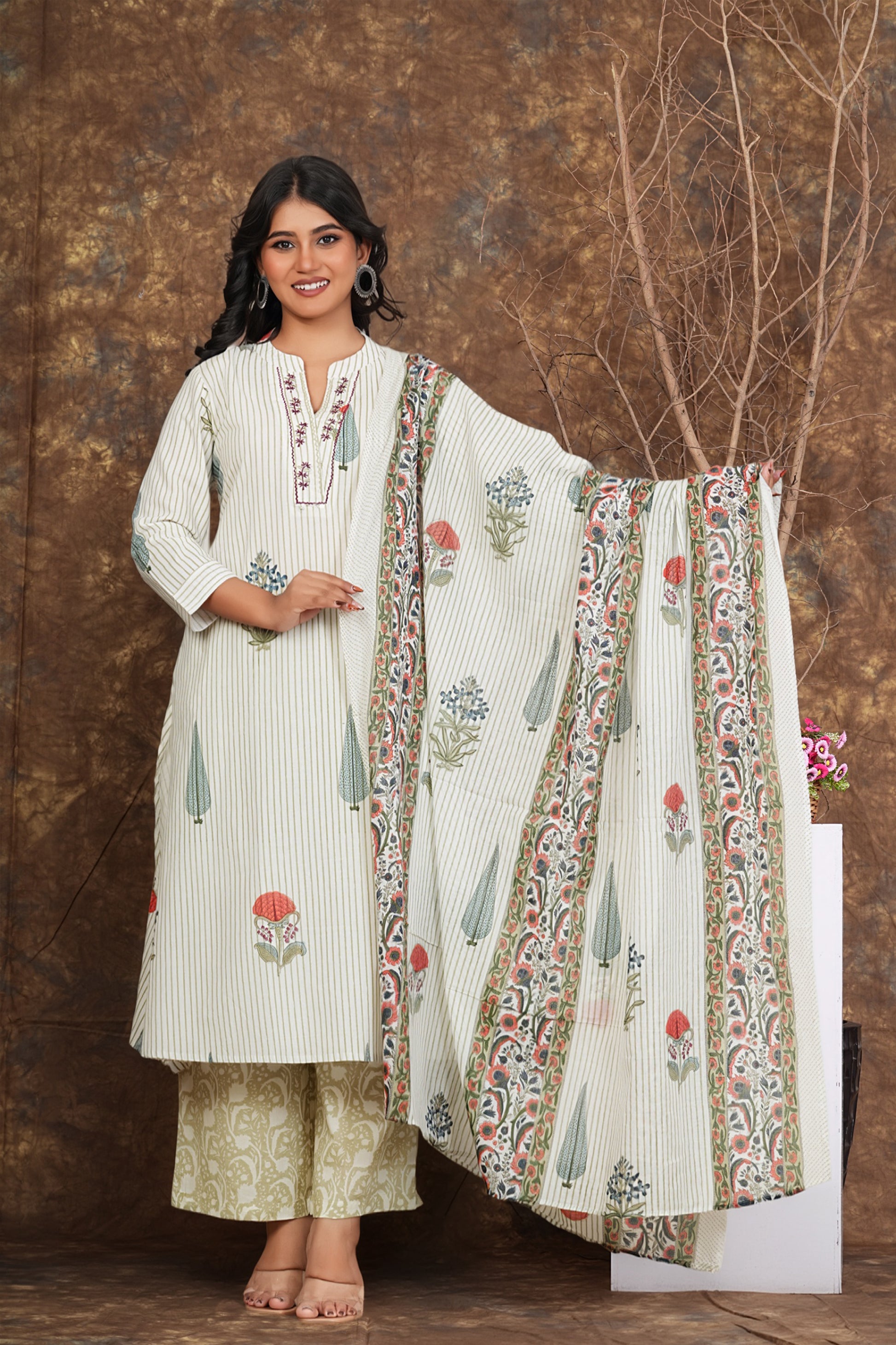 Striped Floral Printed Cotton Kurta Set with Dupatta