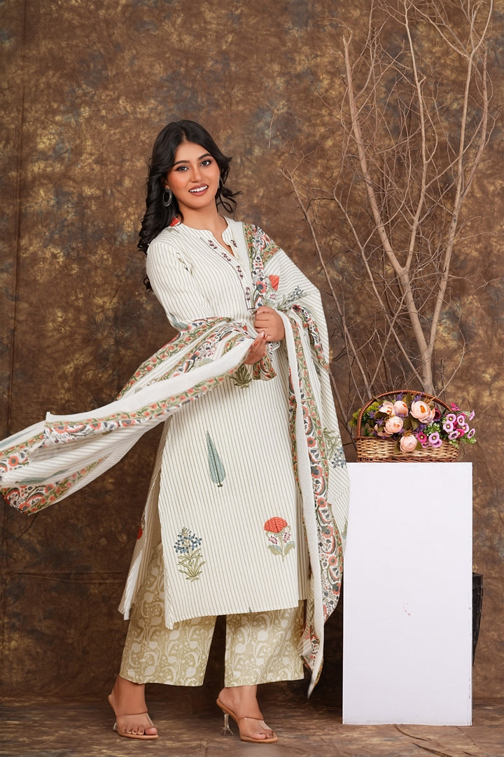 Striped Floral Printed Cotton Kurta Set with Dupatta