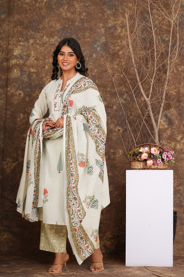 Striped Floral Printed Cotton Kurta Set with Dupatta