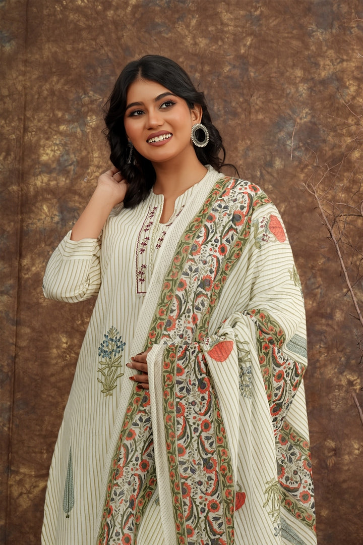 Striped Floral Printed Cotton Kurta Set with Dupatta