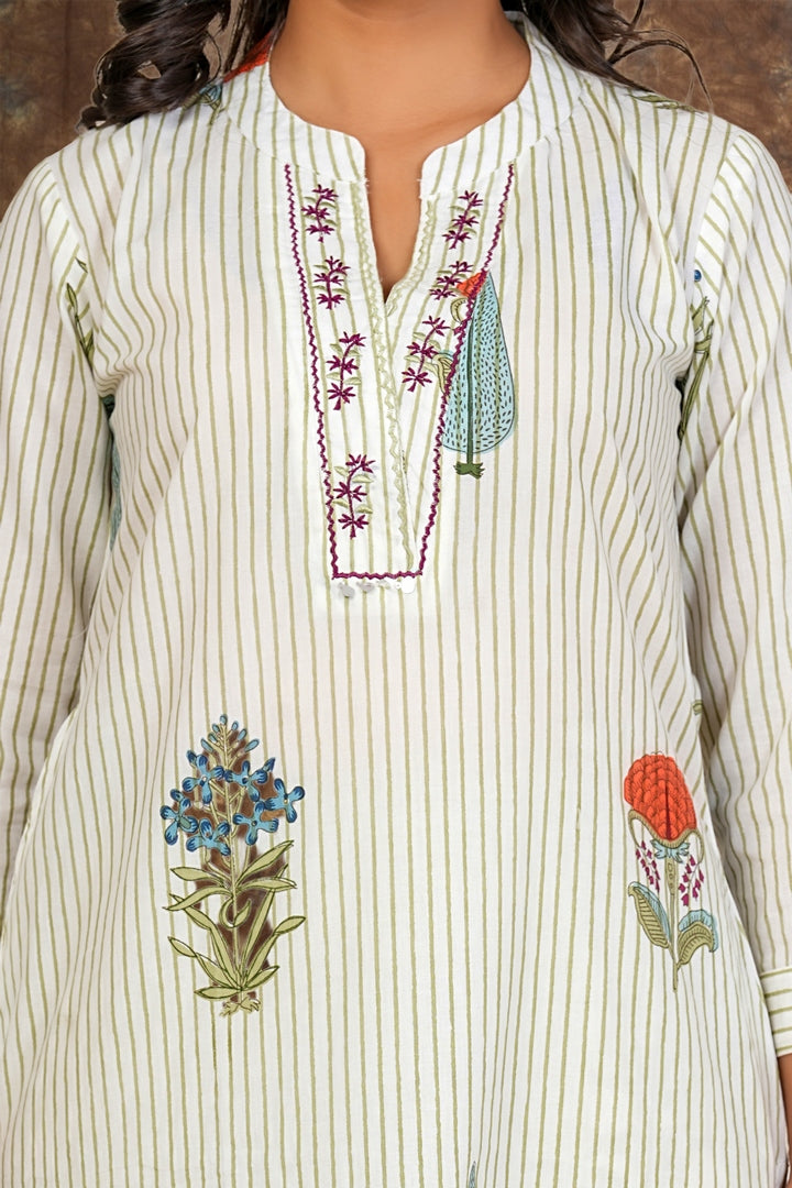 Striped Floral Printed Cotton Kurta Set with Dupatta
