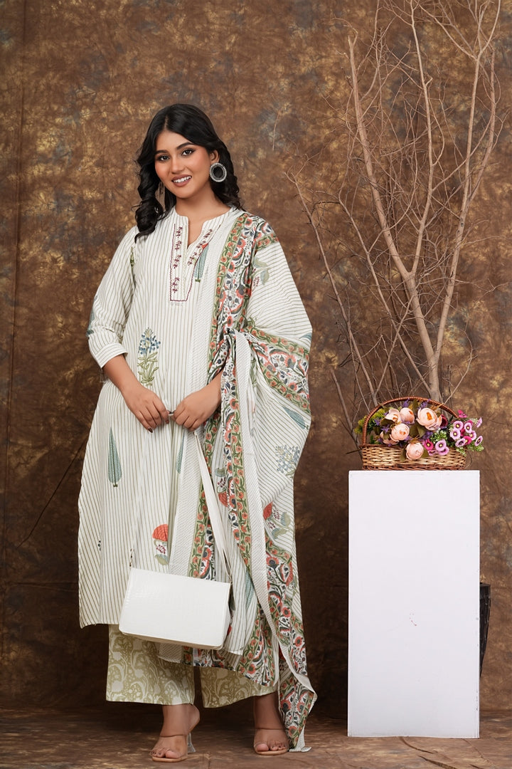 Striped Floral Printed Cotton Kurta Set with Dupatta