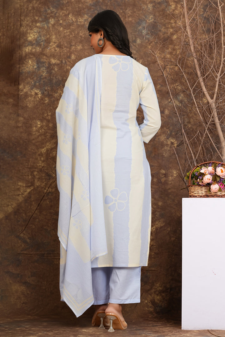 Women’s Light Blue Cotton Suit Set with Dupatta | Mirror Work Kurta, Pants & Dupatta
