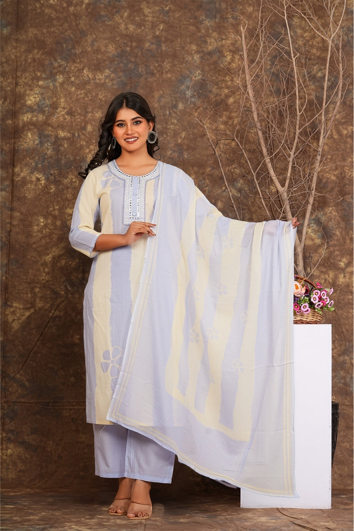 Women’s Light Blue Cotton Suit Set with Dupatta | Mirror Work Kurta, Pants & Dupatta
