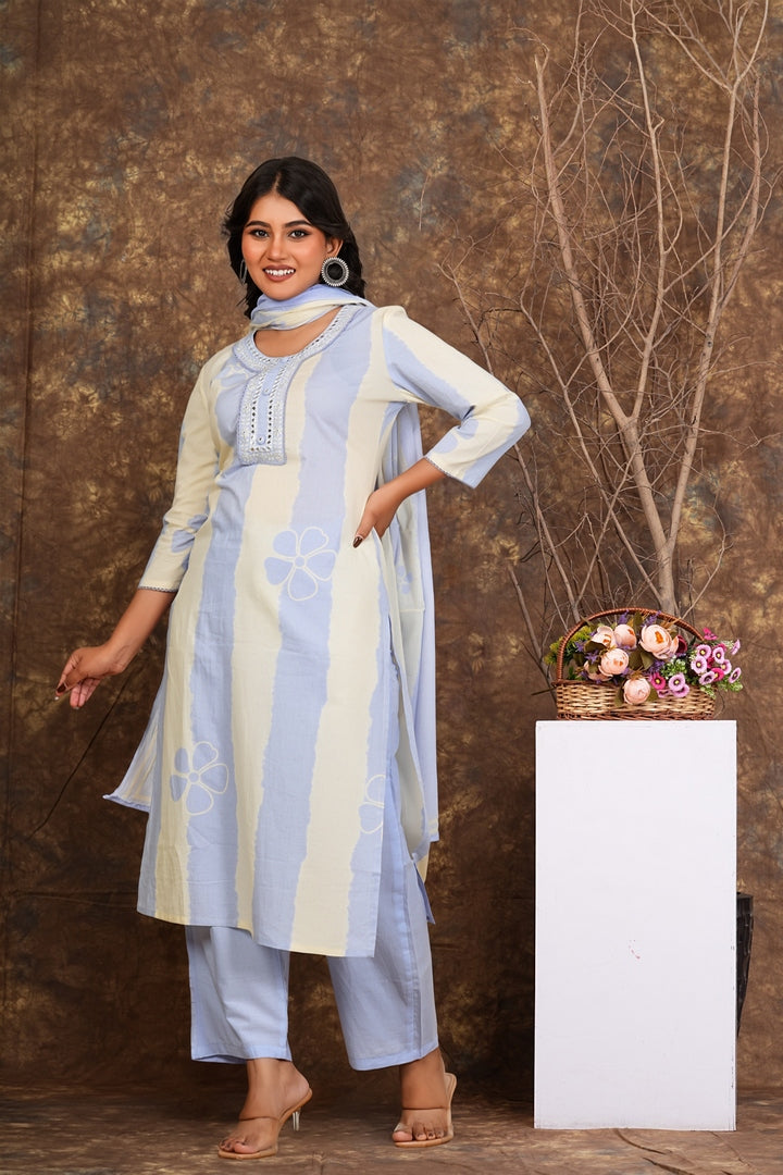 Women’s Light Blue Cotton Suit Set with Dupatta | Mirror Work Kurta, Pants & Dupatta