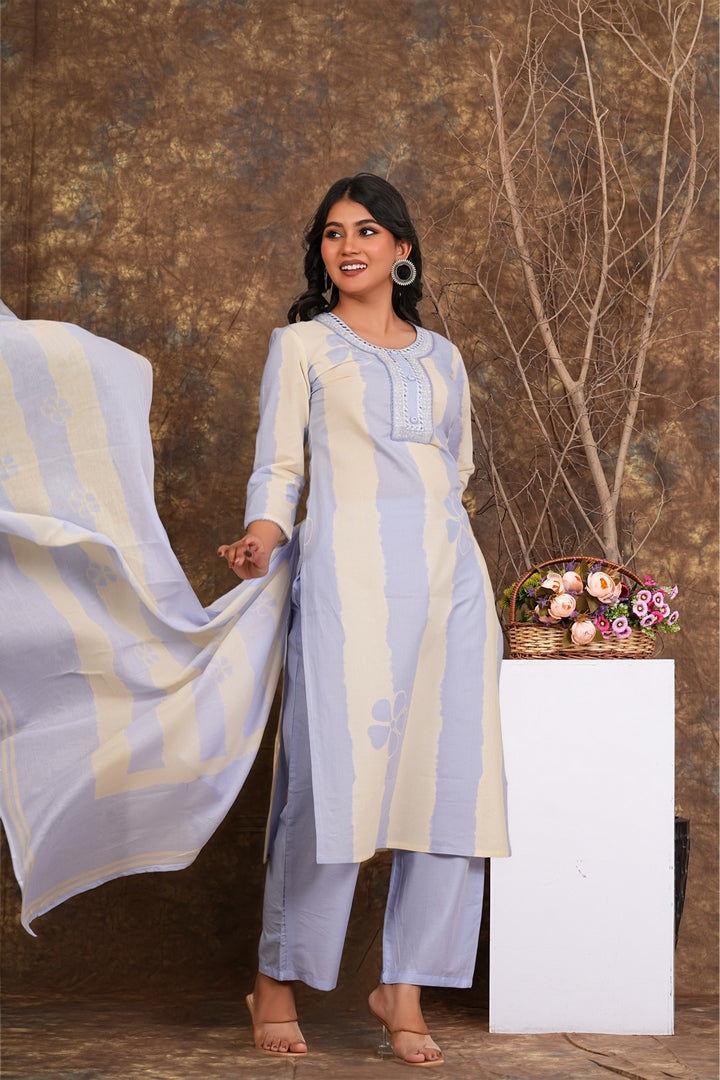 Women’s Light Blue Cotton Suit Set with Dupatta | Mirror Work Kurta, Pants & Dupatta