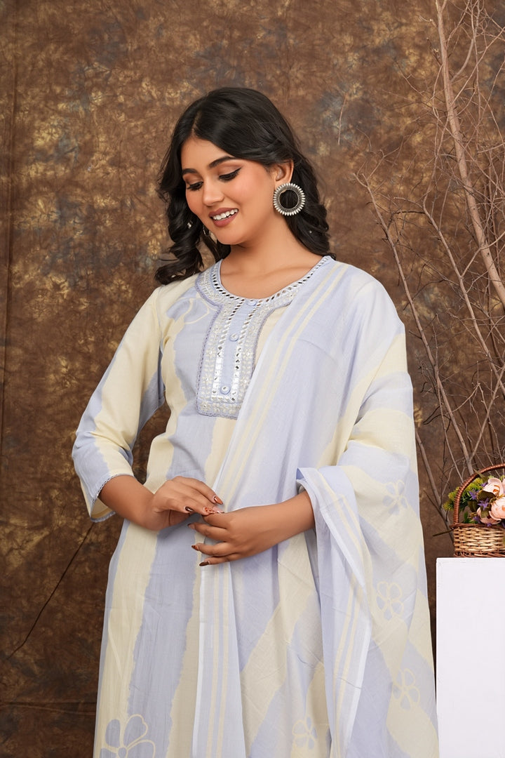 Women’s Light Blue Cotton Suit Set with Dupatta | Mirror Work Kurta, Pants & Dupatta