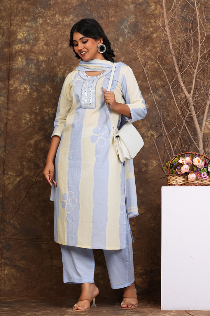 Women’s Light Blue Cotton Suit Set with Dupatta | Mirror Work Kurta, Pants & Dupatta