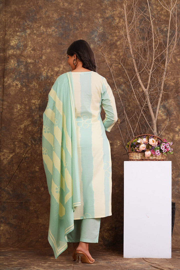 Women’s Mint Green Cotton Suit Set with Dupatta | Mirror Work Kurta, Pants & Dupatta