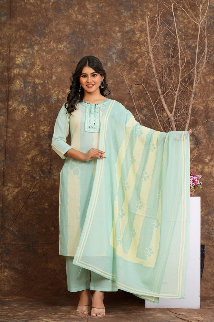 Women’s Mint Green Cotton Suit Set with Dupatta | Mirror Work Kurta, Pants & Dupatta