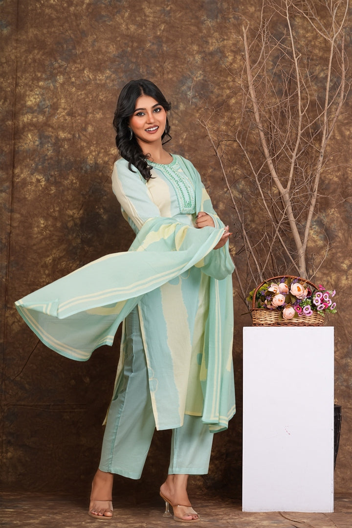 Women’s Mint Green Cotton Suit Set with Dupatta | Mirror Work Kurta, Pants & Dupatta