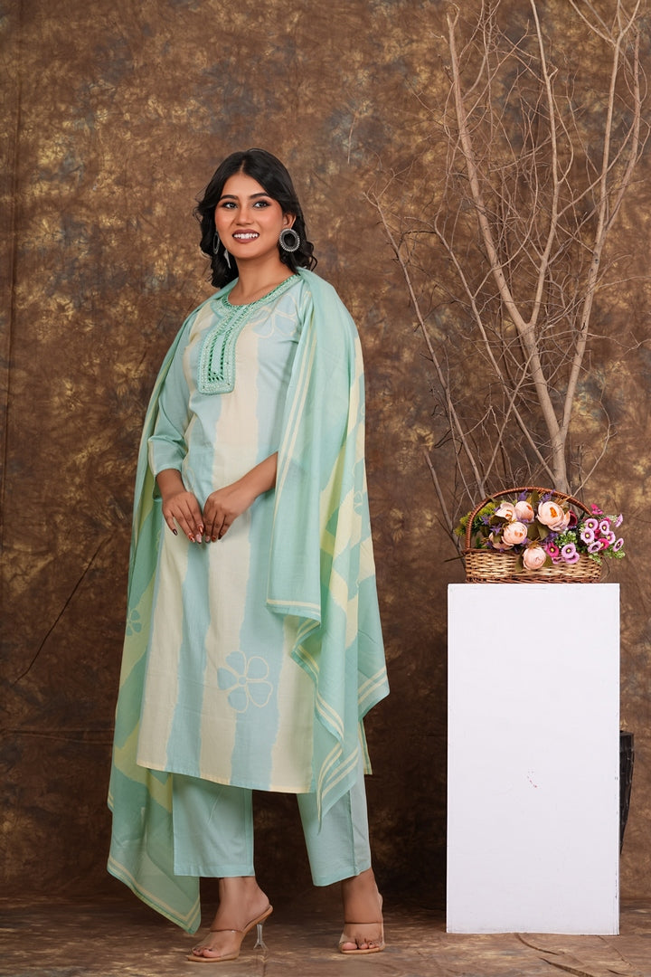 Women’s Mint Green Cotton Suit Set with Dupatta | Mirror Work Kurta, Pants & Dupatta