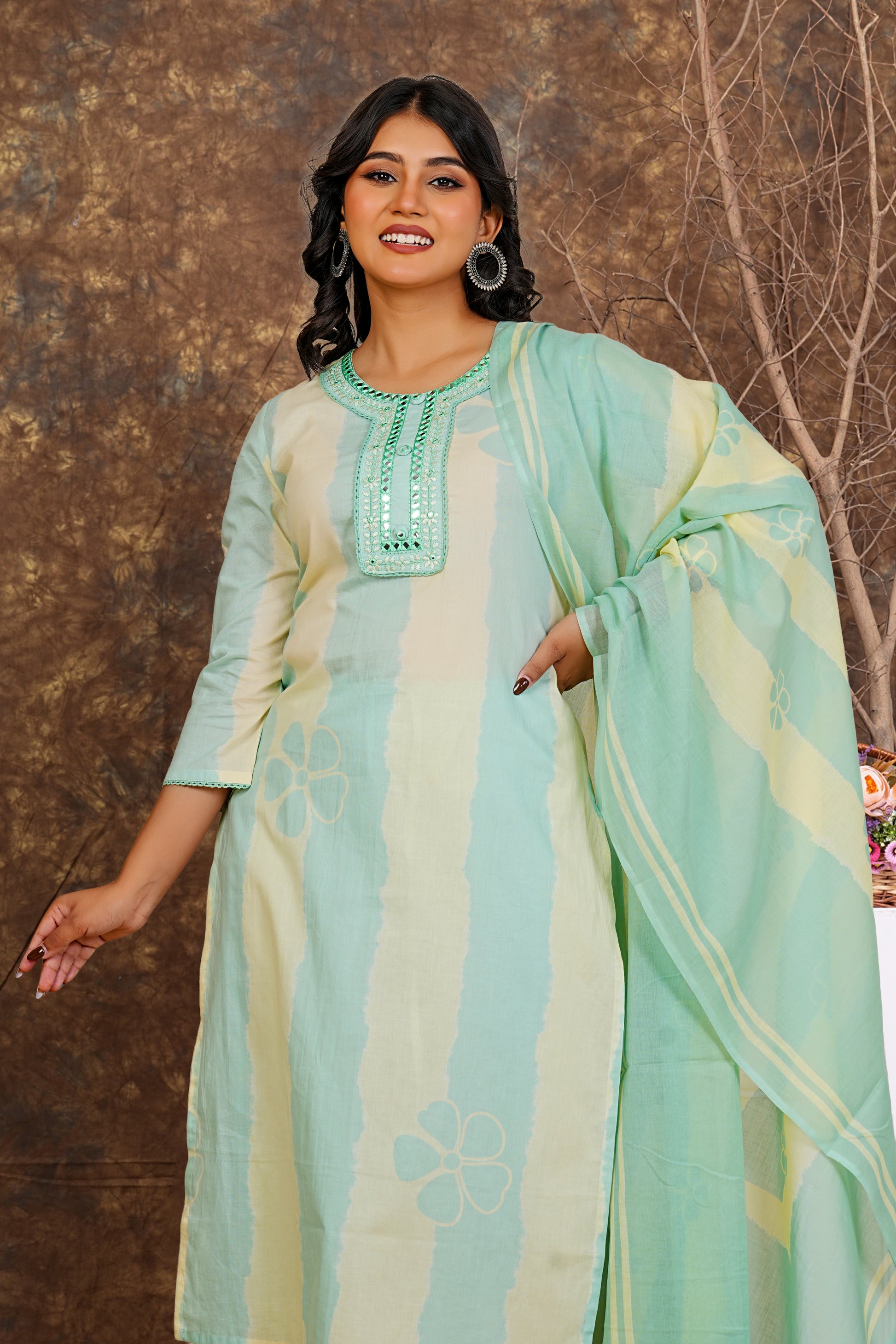 Women’s Mint Green Cotton Suit Set with Dupatta | Mirror Work Kurta, Pants & Dupatta