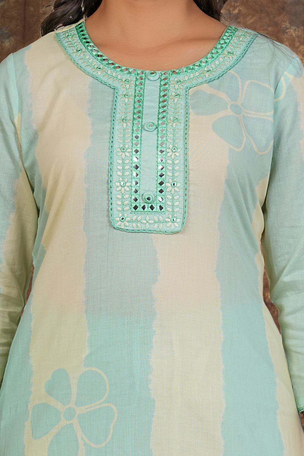 Women’s Mint Green Cotton Suit Set with Dupatta | Mirror Work Kurta, Pants & Dupatta