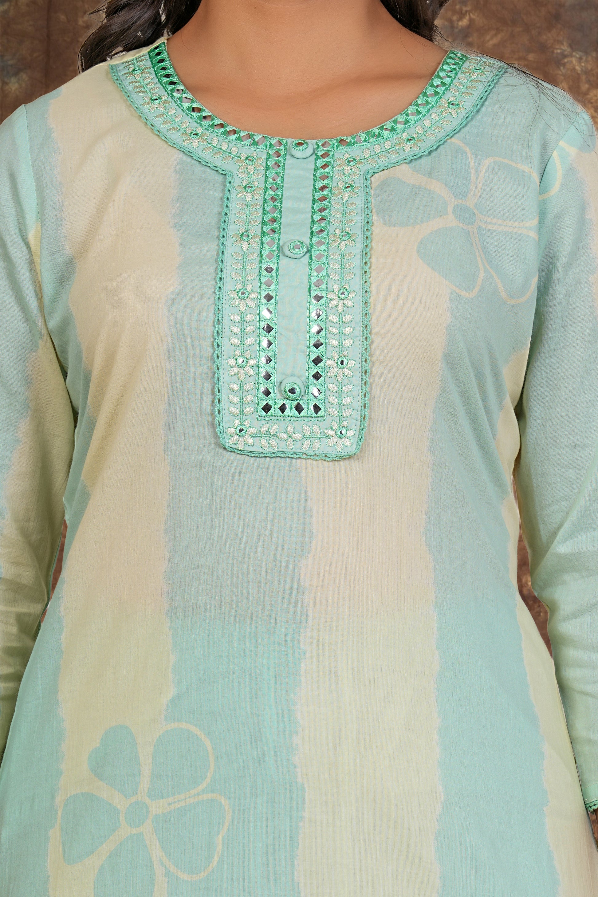 Women’s Mint Green Cotton Suit Set with Dupatta | Mirror Work Kurta, Pants & Dupatta