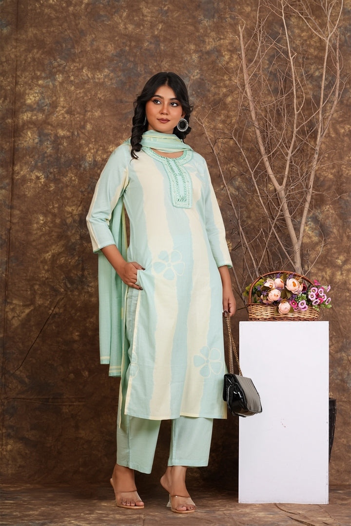 Women’s Mint Green Cotton Suit Set with Dupatta | Mirror Work Kurta, Pants & Dupatta