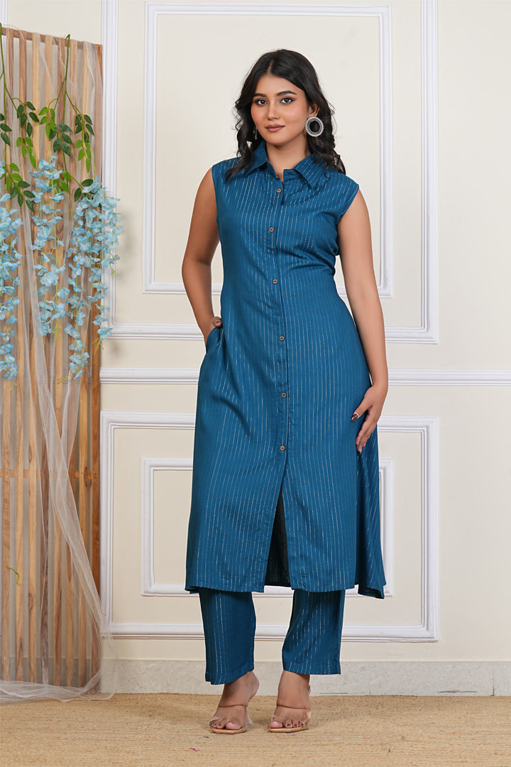 Paardini Relaxed Fit Sleeveless Kurta Pant Co-Ord – Teal Blue