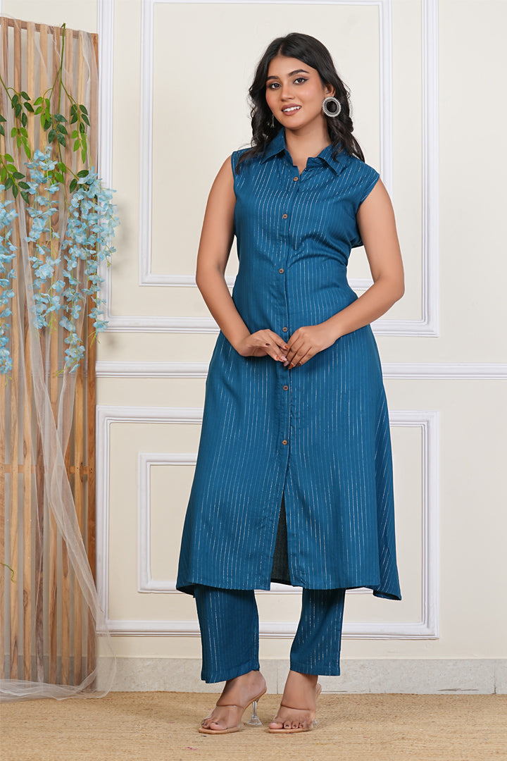 Paardini Relaxed Fit Sleeveless Kurta Pant Co-Ord – Teal Blue
