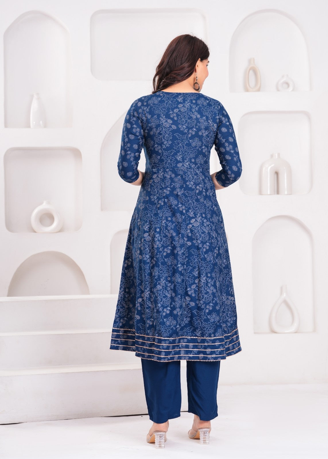 Midnight Teal Anarkali Kurta Set with Mirror Work